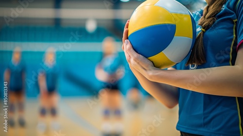 Female volleyball player holding ball, ready for a match in an indoor court. Teammates blurred in background. Sports, team, action.