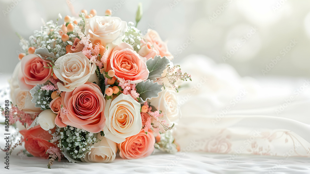 Photo Realistic Bouquet and Wedding Invitation Icon with Space for Text on White Background   Versatile Concept for Wedding Themes and Celebration Details in Photo Stock