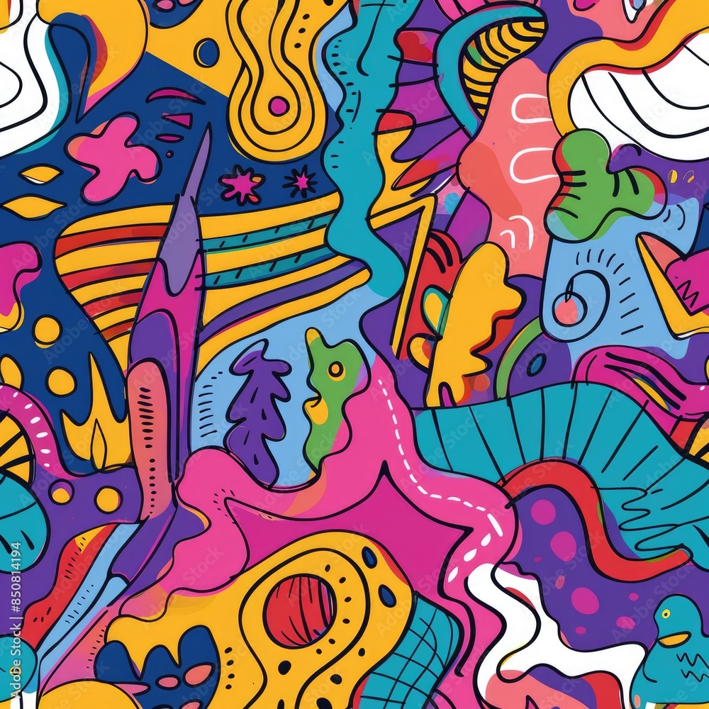 Obraz premium Lighthearted colorful line doodle seamless composition.