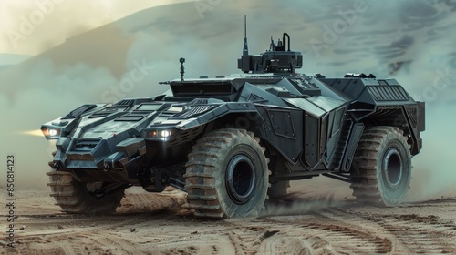 Futuristic Armored Vehicle in a Dusty Desert Landscape photo