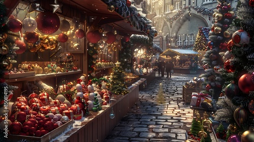 A festive Christmas market with stalls selling ornaments and treats.