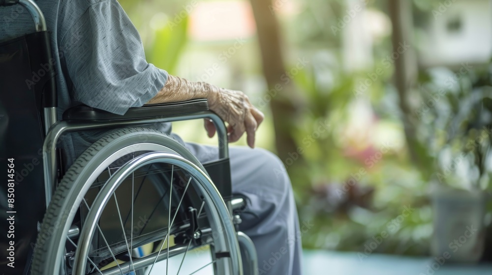 Obraz premium Close-up of Senior Handicapped Woman in Wheelchair Being Cared for in Hospital or Home, Highlighting Elderly Disability, Compassionate Care, and Medical Support