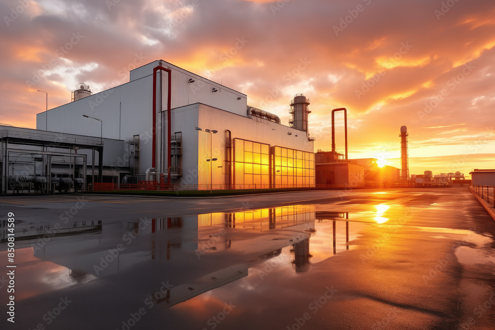 Fototapeta premium Industrial Facility at Sunset with Reflections