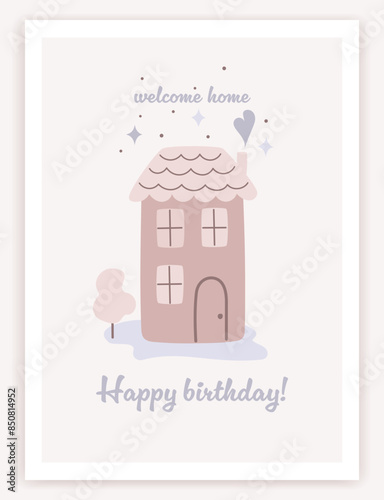 Сhildren's magic happy birthday elements. Birthday trendy greeting card in flat design. Cute home illustration. Сhildren's party poster, banner or invitation. Cartoon design. Vector illustration.
