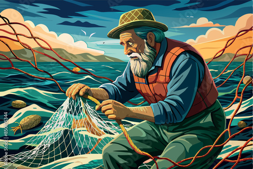 A fisherman kneeling by the shore, mending a fishing net. The background shows water with a floating boat and mountains under the evening sky. Fishing problems and survival options
