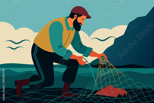 A fisherman kneeling by the shore, mending a fishing net. The background shows water with a floating boat and mountains under the evening sky. Fishing problems and survival options