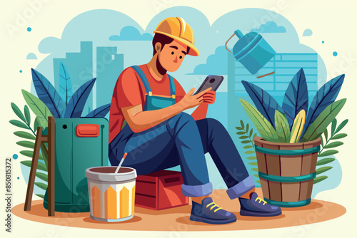 A worker sitting on the ground holding a phone in his hand. the theme of using technology in the workplace or resting during physical labor.