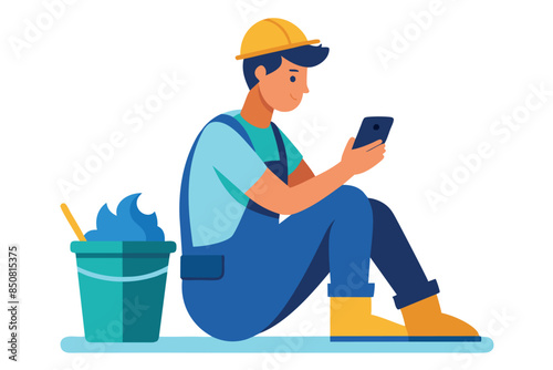A worker sitting on the ground holding a phone in his hand. the theme of using technology in the workplace or resting during physical labor.