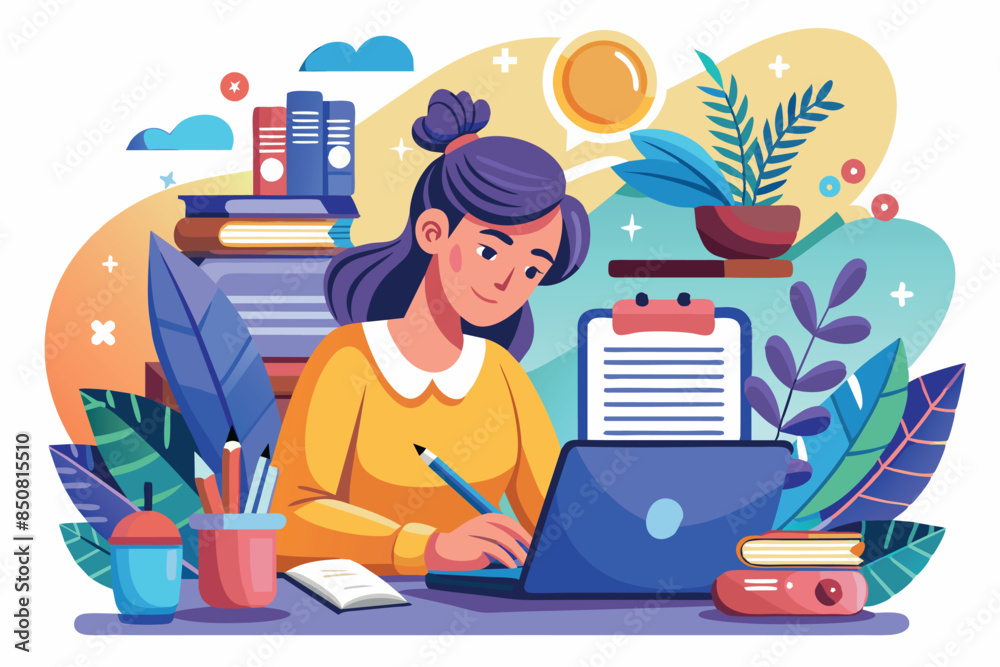 A girl sits at a desk with a laptop. A light bulb is depicted above it, symbolizing an idea or inspiration. indicating creative work or communication. A girl sits at a desk with a laptop. A light bulb is depicted above it, symbolizing an idea or inspiration. indicating creative work or communication.