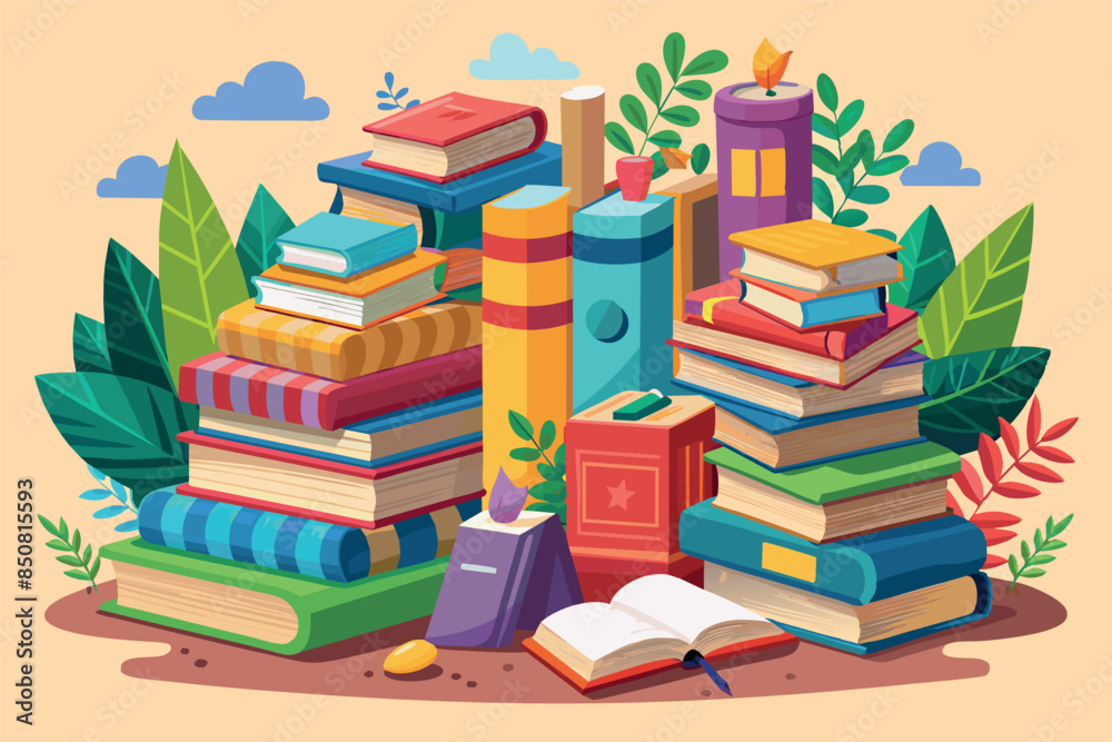 you can see a stack of colorful books of different sizes set against a background of clouds. themes of reading, education, e-learning, or a love of literature and technology in learning. you can see a stack of colorful books of different sizes set against a background of clouds. themes of reading, education, e-learning, or a love of literature and technology in learning.