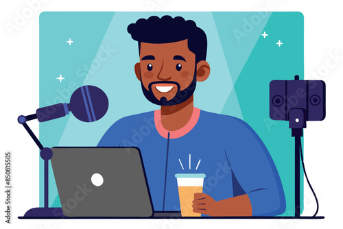 A cameraman or presenter sitting in front of a laptop with a microphone. the character is recording a podcast, participating in a webinar, or engaging in some form of live streaming or broadcasting.
