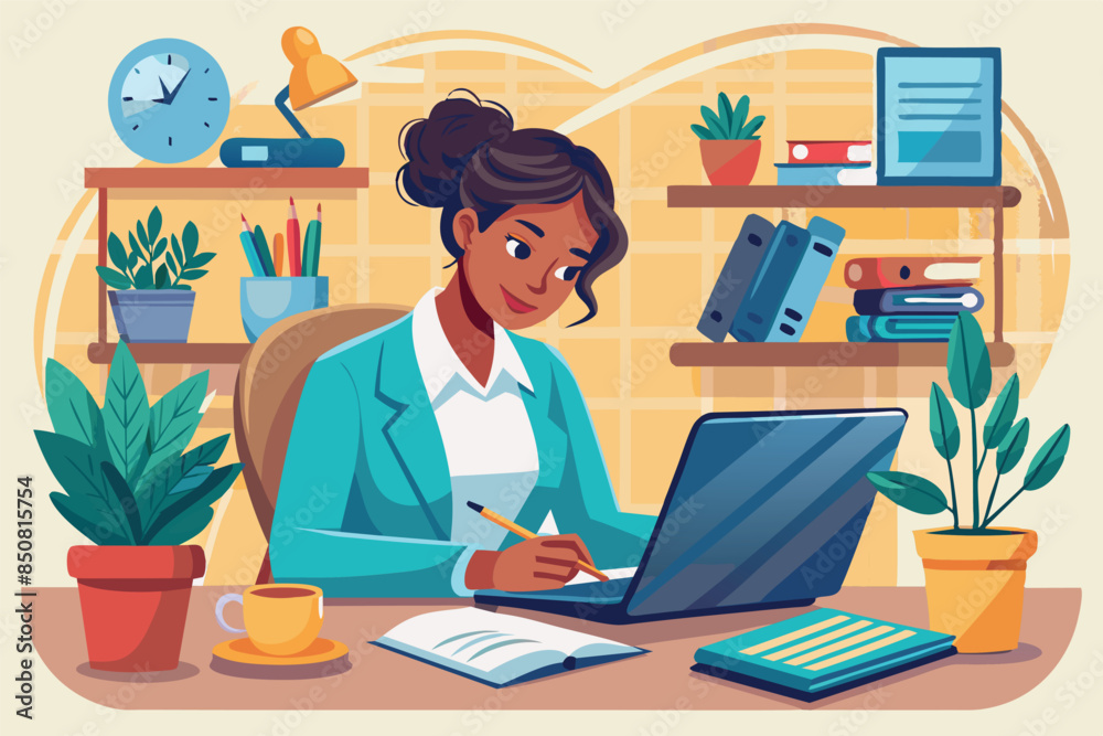 girl sitting at a desk and working on a laptop. books and papers, as well as a pot with a plant and a cup. work remotely or at home girl sitting at a desk and working on a laptop. books and papers, as well as a pot with a plant and a cup. work remotely or at home