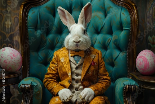 Surreal portrait of a rabbit headed figure in a vintage suit seated with colorful easter eggs photo