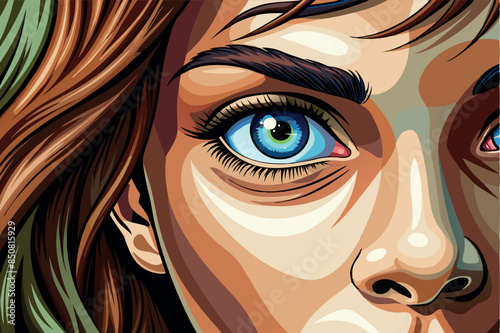  A close-up of a girl's face. The focus is on one visible eye. it is detailed with a blue iris and reflections, implying depth and emotion.