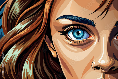  A close-up of a girl's face. The focus is on one visible eye. it is detailed with a blue iris and reflections, implying depth and emotion.
