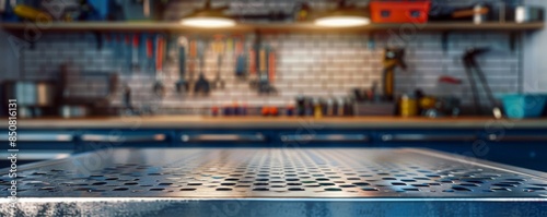 Empty metal surface on a blurred background of the garage or home workshop. empty metal workbench on the background of a storage Mock-up of a showcase for demonstrating  products and tools. Copy space