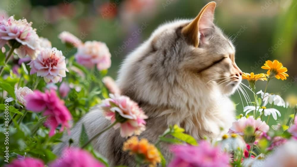 Fluffy Cat Amidst Blooming Flowers Fluffy Cat Amidst Blooming Flowers