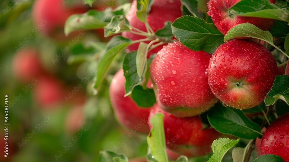 Red Apples on a Branch with Dew Drops
