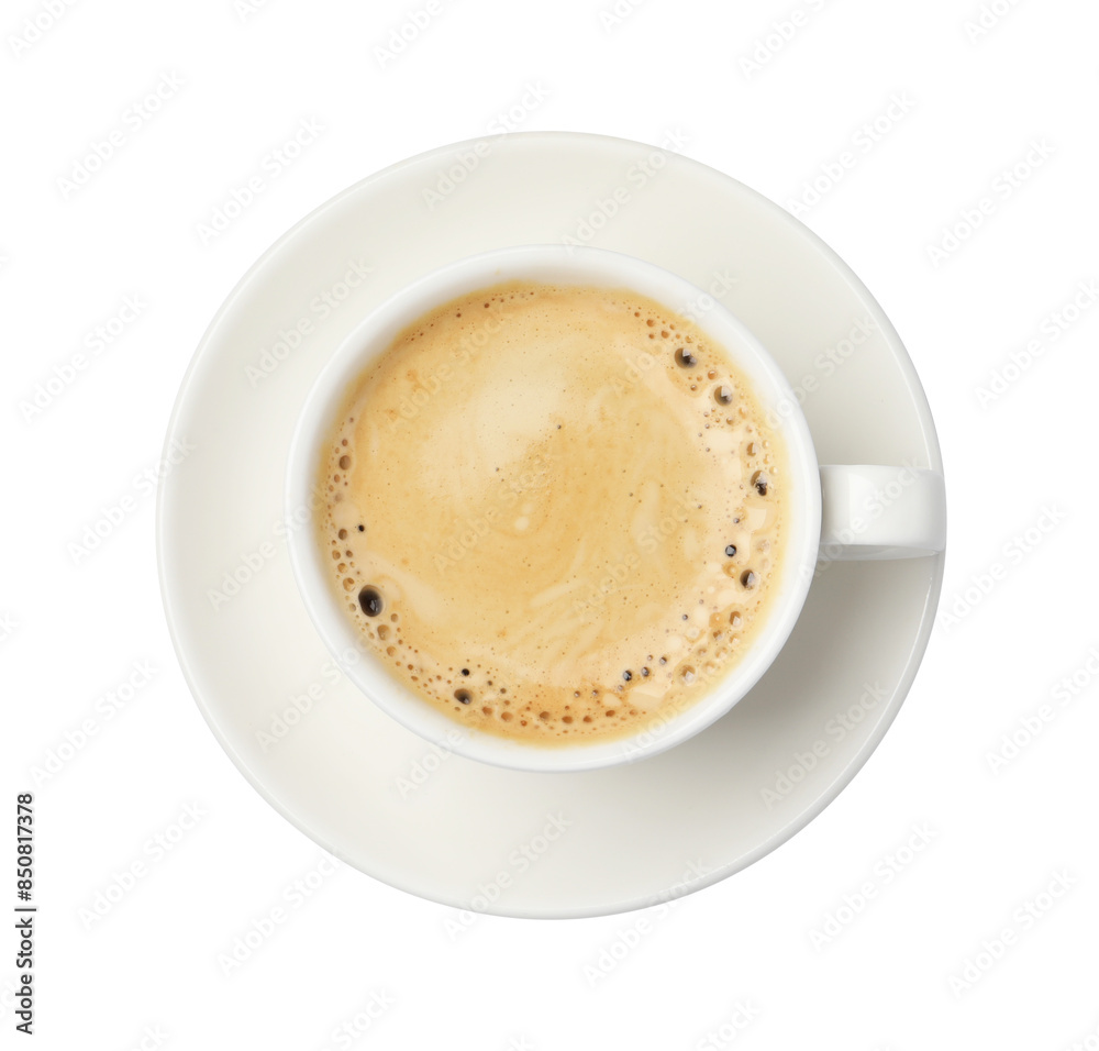 Tasty coffee with foam in cup isolated on white, top view