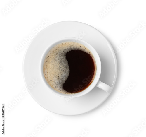 Tasty coffee in cup isolated on white, top view