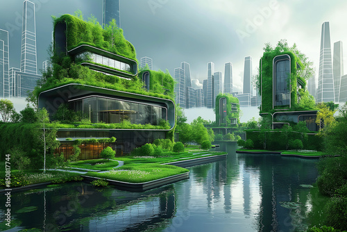 An eco-friendly city built on a lake where futuristic architecture blended with lush green plants. For green cities or sustainable living concepts. #850817744