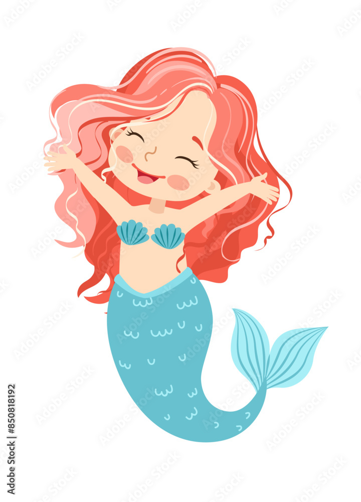 Hand drown vector illustration. Beautiful Girl Mermaid with pink hair isolated on white background Hand drown vector illustration. Beautiful Girl Mermaid with pink hair isolated on white background