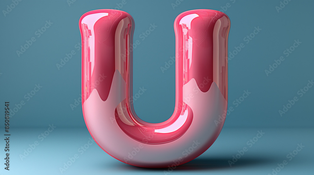 A pink background showcases a 3D rendering of the letter U