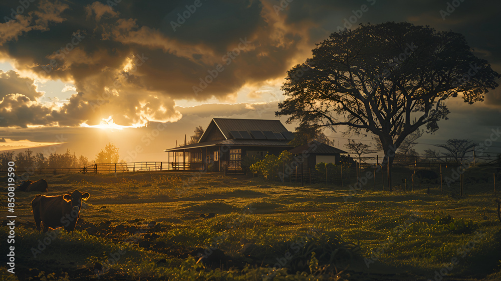Obraz premium a house in waimea, big island, with cattle, dramatic lighting