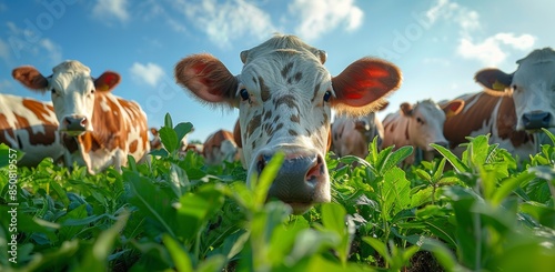 A Close Up Of A White And Brown Cow Grazing In A Green Field With Mountains I...