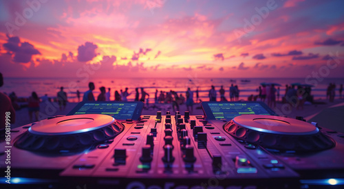 A close-up shot of hands on turntables, with people dancing in soft focus behind at sunset during an outdoor party. A photo of DJ equipment on the beach with a sunset and crowd in the background. 
