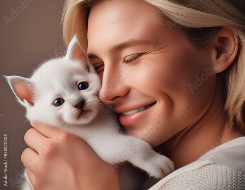 Cat person cuddling cute white kitten. © Christine