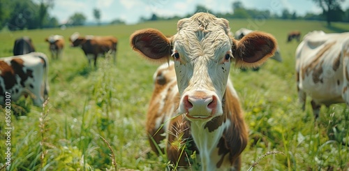 A Close Up Of A White And Brown Cow Grazing In A Green Field With Mountains I...