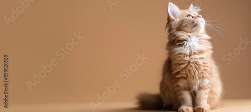 A Young Kitten Looking Upwards Against An Orange Wall