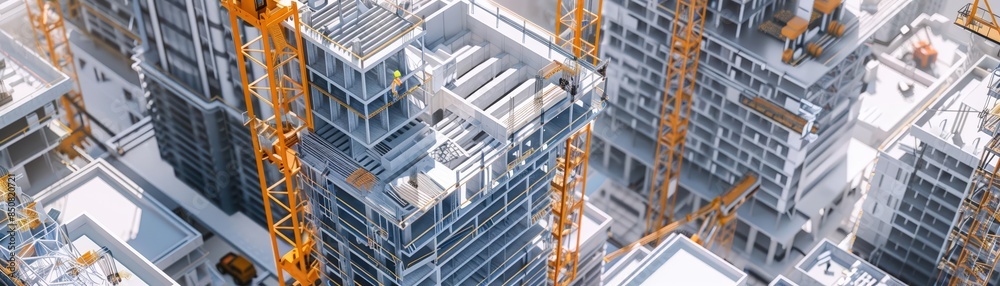 Highrise construction jobs visualized by abstract 3D models of buildings and machinery Highrise construction jobs visualized by abstract 3D models of buildings and machinery