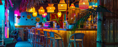 A retro tiki bar with bamboo textures and vibrant colors. photo