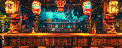 A retro tiki bar with bamboo textures and vibrant colors. photo