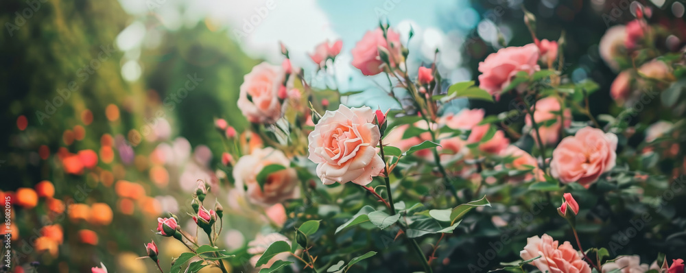 A serene garden with blooming roses, green foliage, and a pastel sky. A serene garden with blooming roses, green foliage, and a pastel sky.