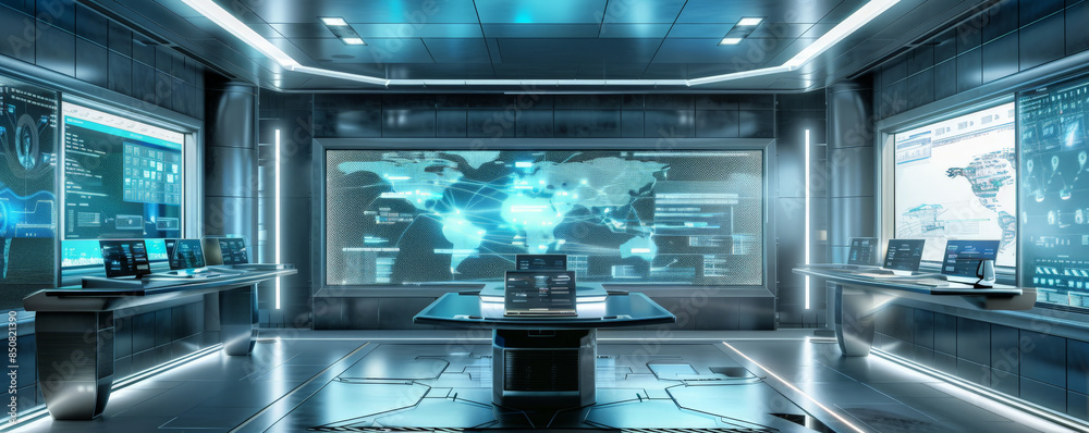 A sleek and modern control room with holographic displays and advanced technology. A sleek and modern control room with holographic displays and advanced technology.
