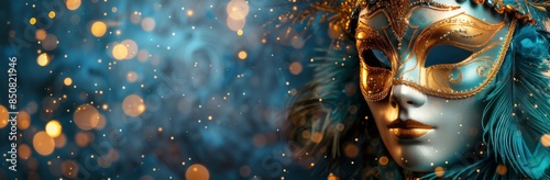 Golden And Blue Venetian Carnival Mask With Sparkly Lights