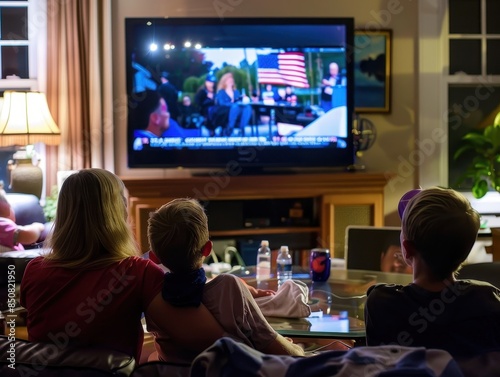 Excitement and Unity: Family Watching Live Election Night Results on TV Screen © tantawat