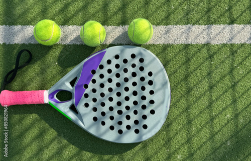 paddle tennis racket and balls on court 