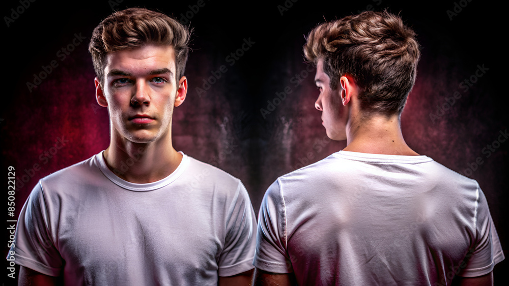 White t-shirt on a young man isolated on white background. Front and ...