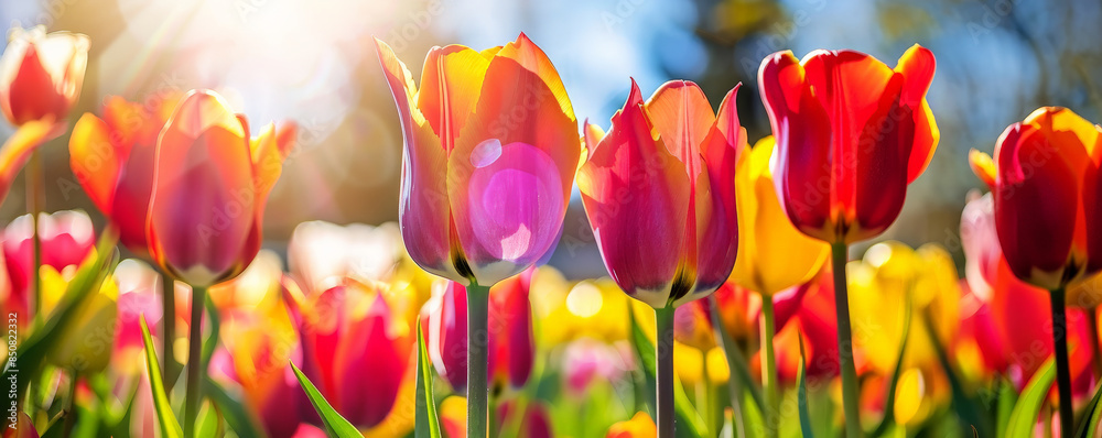 A vibrant tulip field in full bloom under a bright, clear sky.