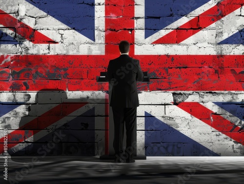 National Pride: UK Politician Delivering Patriotic Speech Against Flag Backdrop
