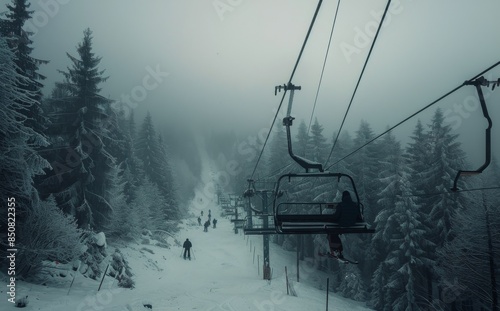 Empty Ski Lift Chairs Against a Snowy, Foggy Forest