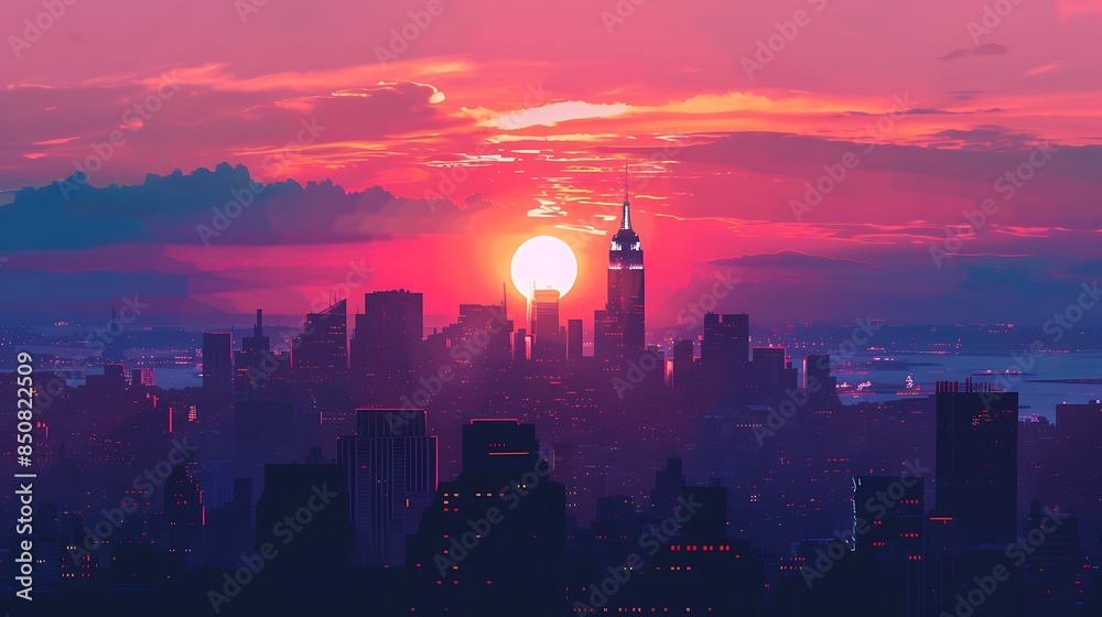 Fototapeta premium Stunning Aerial View of a Vibrant Cityscape at Dusk with Glowing Lights and Modern Skyscrapers
