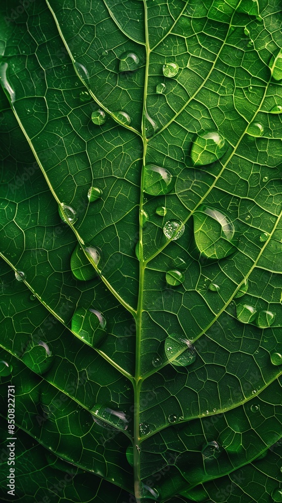 Obraz premium close up of dewdrops on green leaves in the morning, vertical background