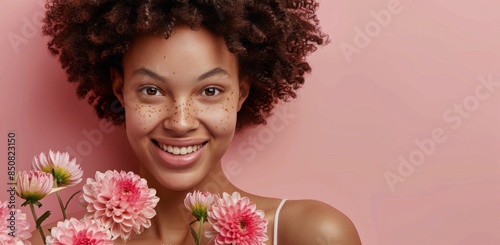 Young Woman Smiling With a Bouquet of Flowers Against a Pink Wall