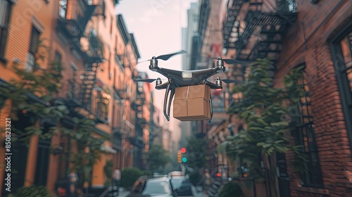 A drone with a cardboard box flies down a city street lined with trees and buildings