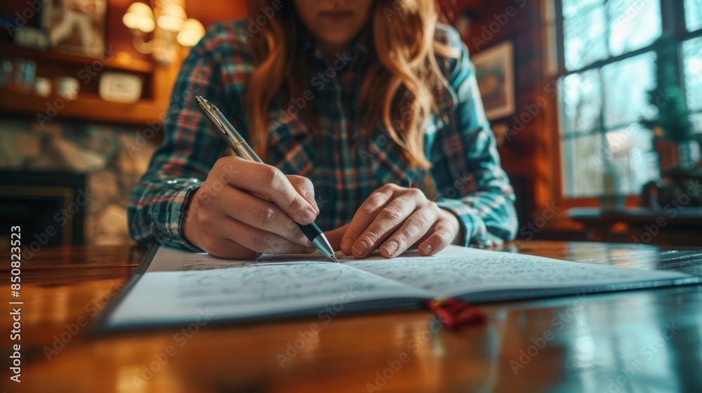 A woman writing in a notebook with pen and pencil, AI A woman writing in a notebook with pen and pencil, AI